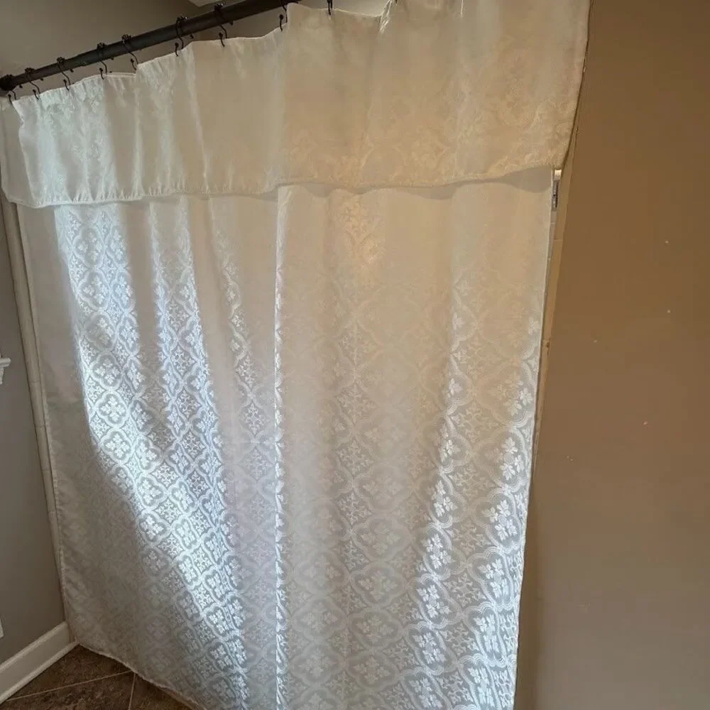 White Tone on Tone Shower Curtain with Built-In Valance Jacquard Damask Pattern